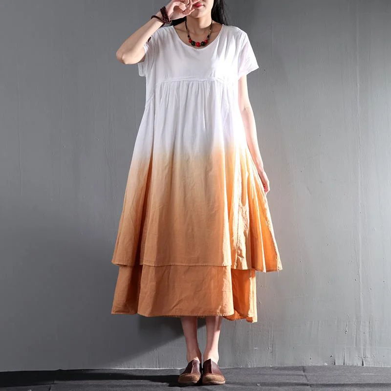 Linen summer dress gradient orange layered linen sundress long maxi dress