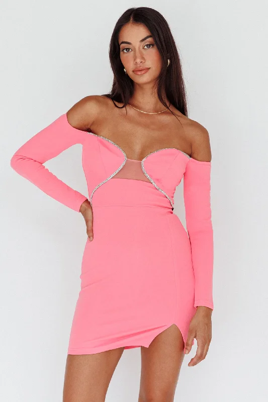 A-List Diamante Trim Long Sleeve Mini Dress Hot Pink Stylish Ruffle Mini Dress