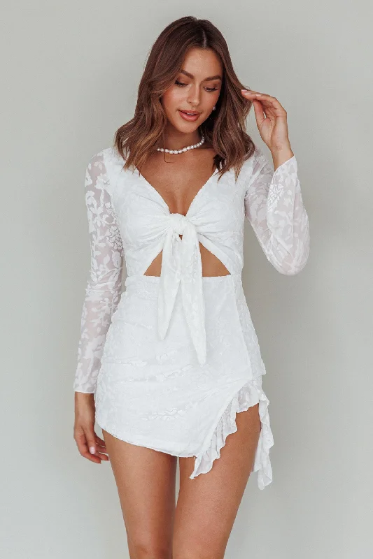 Adri Bust Tie Mini Dress Velvet Floral White Fashionable Mini Dress with Frills