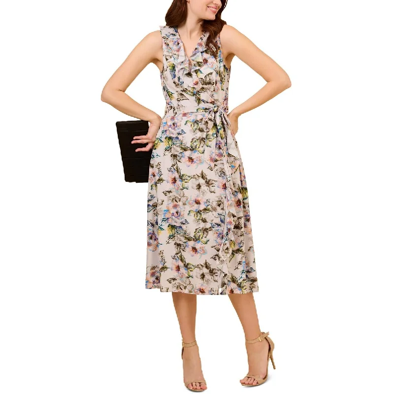 Adrianna Papell Womens Ruffled Printed Midi Dress Comfortable Ribbed Midi Dress