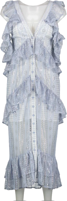 Alice McCall Blue Button Front Lace Midi Dress With Silver Detailing UK 10 Trendy Bodycon Midi Dress Alice McCall Blue Button Front Lace Midi Dress With Silver Detailing UK 10 Trendy Bodycon Midi Dress