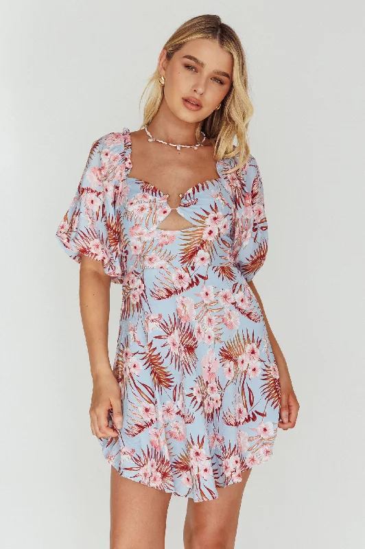 Alpha Cut-Out Bodice Mini Dress Floral Blue Trendy Denim Mini Dress