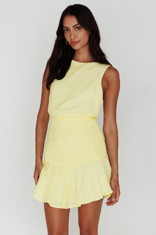 Antonine Elasticated Straps Shirred Waist Mini Dress Lemon Chic Tropical Mini Dress