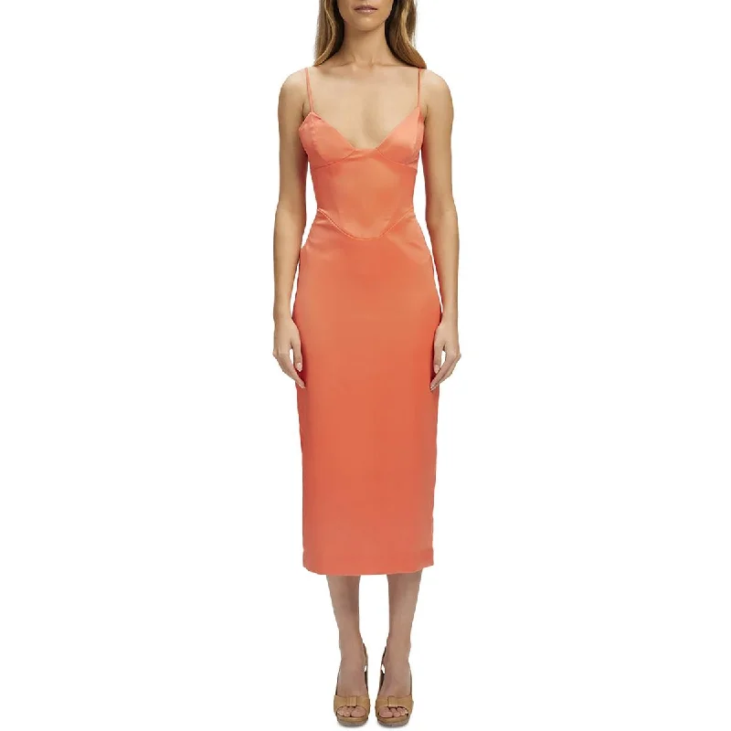 Bardot Womens Ayla Satin Sheath Midi Dress Elegant Pleated Sleeve Midi Dress