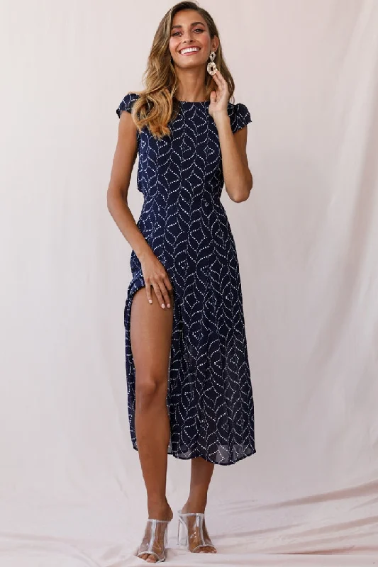 Becky Cap Sleeve Crew Neck Midi Dress Dot Print Navy