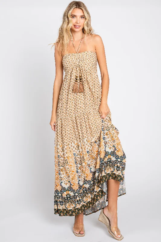 Beige Floral Paisley Halter Maxi Dress