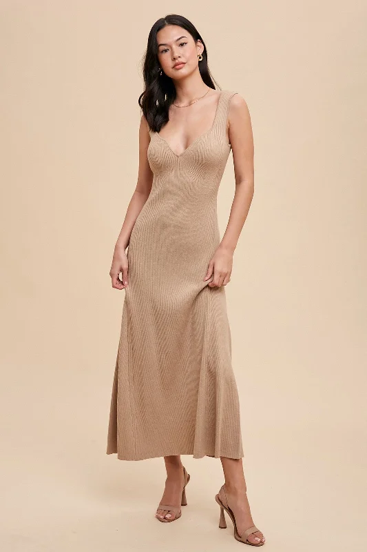 Beige Knit Deep V-Neck Maxi Dress