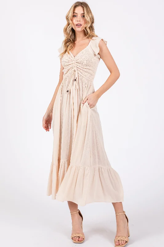 Beige Smocked Ruched Ruffle Hem Maxi Dress