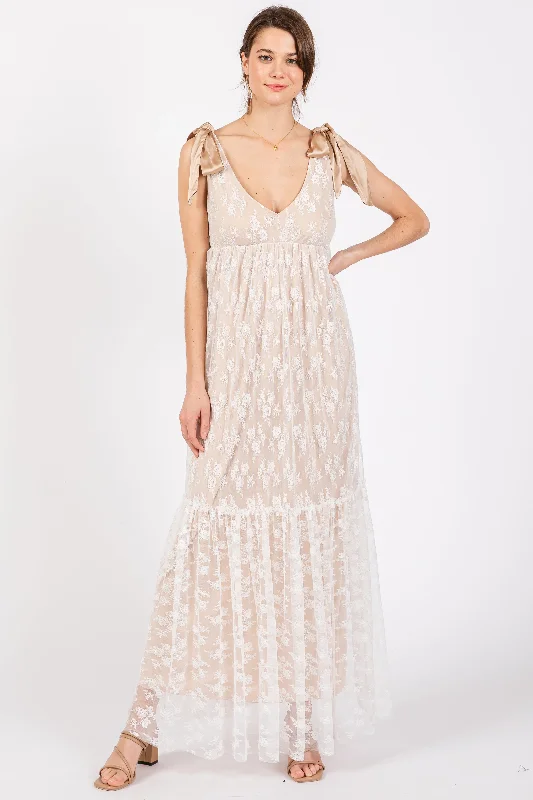 Beige V-Neck Satin Tie Lace Overlay Maxi Dress