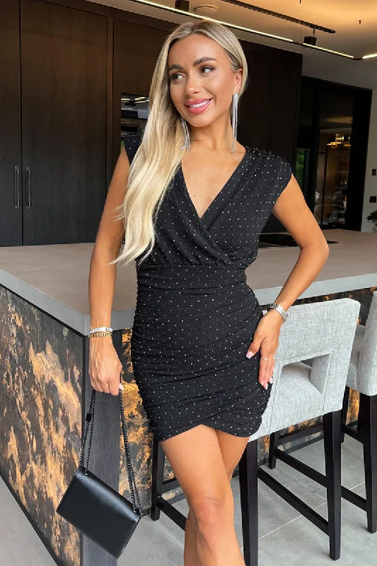 Black Diamante Sparkle Wrap Top Ruched Skirt Mini Dress Fashionable Summer Mini Dress