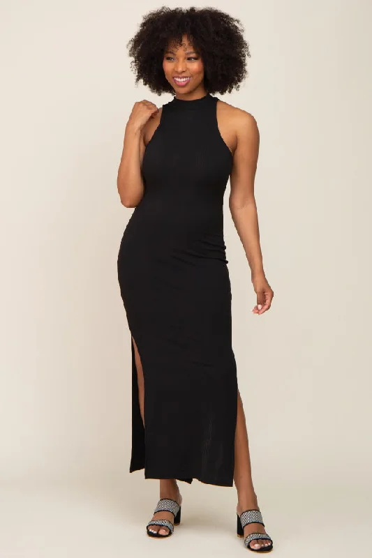 Black Ribbed Side Slit Maxi Dress