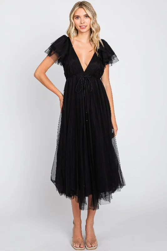 Black Tulle V-Neck Flutter Sleeve Midi Dress Fashionable A-Line Midi Dress
