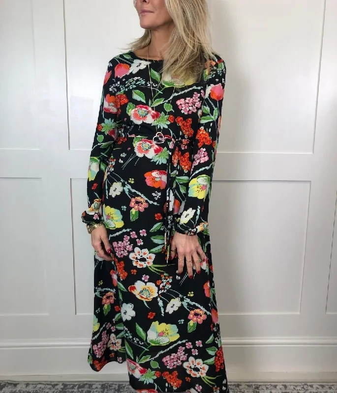 Black Vibrant Flower Print Midi Dress