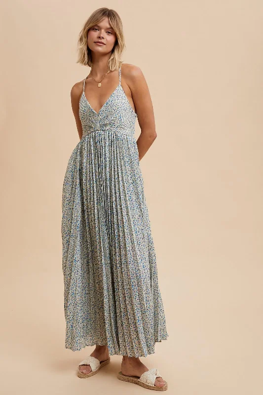 Blue Floral Pleated Cutout Back Maxi Dress