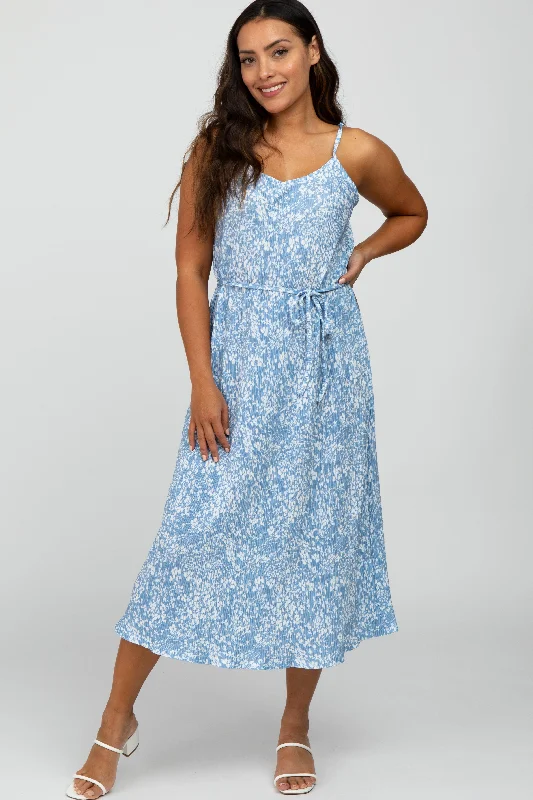 Blue Floral Pleated Midi Dress Chic Floral Print Midi Dress