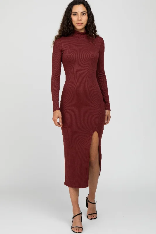 Burgundy Ribbed Mock Neck Side Slit Maxi Dress