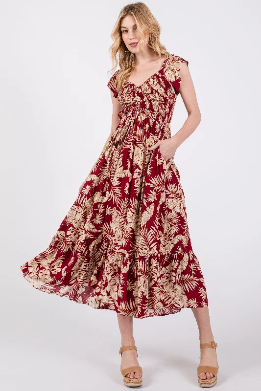 Burgundy Tropical Print Smocked Short Sleeve Maxi Dress