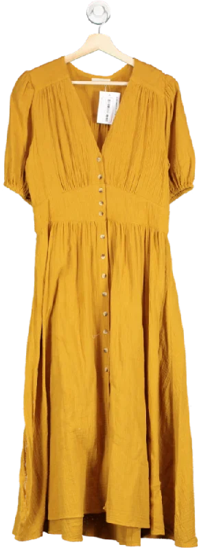 by Iris Yellow Cotton Midi Dress UK XS Stylish Long Sleeve Floral Midi Dress