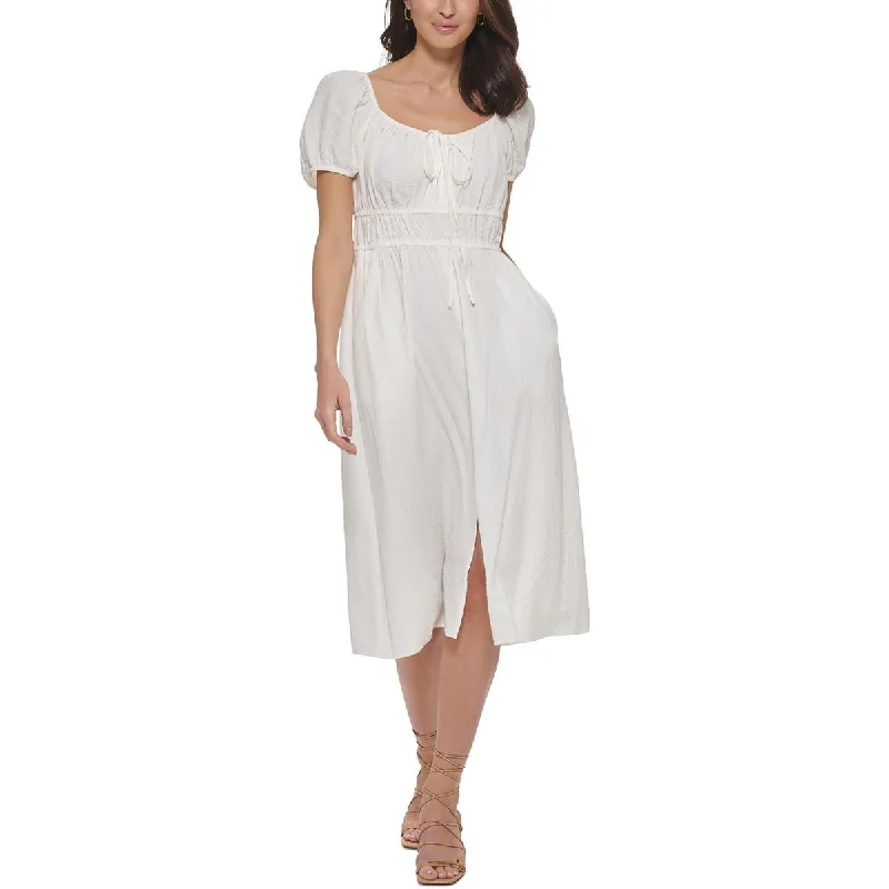 Calvin Klein Womens Leg Slit Tie-Neck Midi Dress Trendy Ruffled Sleeve Midi Dress