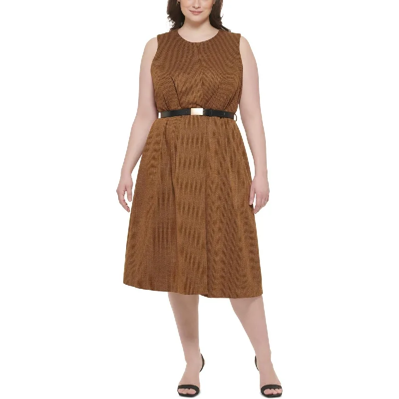 Calvin Klein Womens Plus Chevron Belted Midi Dress Stylish Button-Down Midi Dress