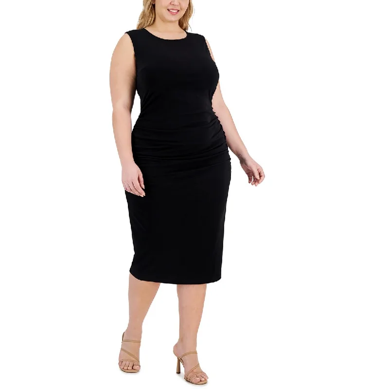 Calvin Klein Womens Plus Tea Length Ruched Midi Dress Cozy A-Line Midi Dress
