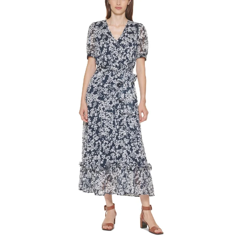 Calvin Klein Womens V-Neck Floral Midi Dress Stylish Halter Neck Midi Dress