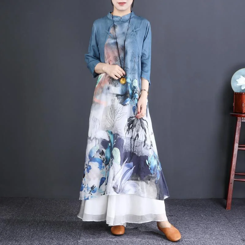 Classy stand collar linen clothes Women Sewing blue print Maxi Dress