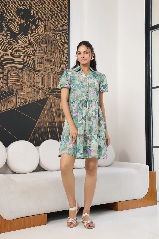 Comfy Quirk Blue Cotton Flex Mini Dress Fashionable Mini Dress with Frills