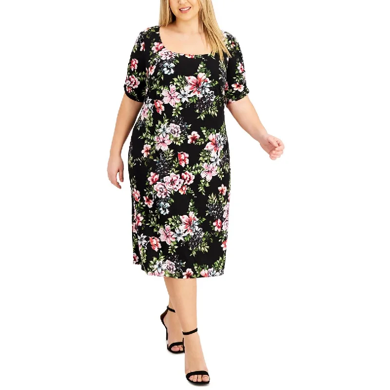 Connected Apparel Womens Plus Floral Scoop Neck Midi Dress Stylish High-Waisted Midi Dress