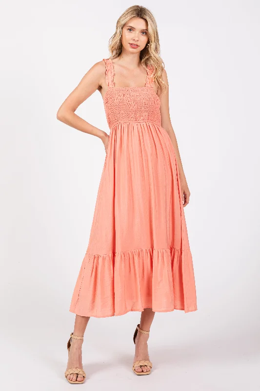 Coral Smocked Bodice Maxi Dress