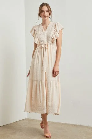 Cream Cuffed Sleeve Front Tie Maxi Dress