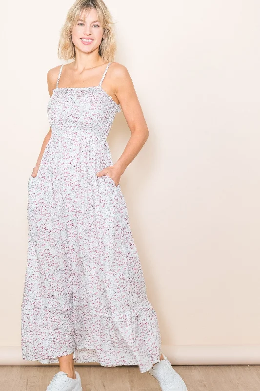 Cream Floral Ruffle Square Neck Smocked Waist Maxi Dress