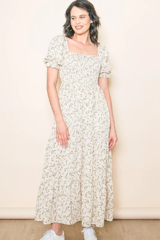 Cream Floral Smocked Square Neck Tiered Puff Short Sleeve Maxi Dress