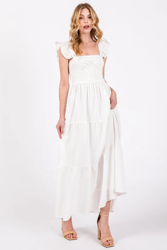 Cream Sleeveless Smocked Tiered Maxi Dress