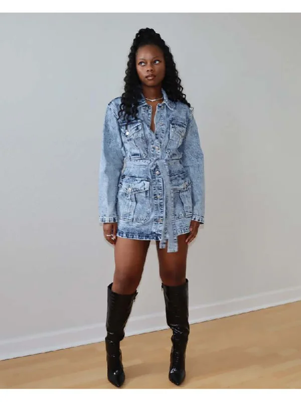 Denim Multi Pocket Bandage Mini Dress Trendy Tie-Dye Mini Dress