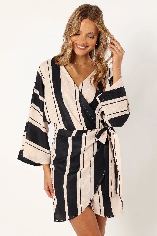 Deon Wrap Mini Dress - Black Cream Comfortable Fit-and-Flare Mini Dress