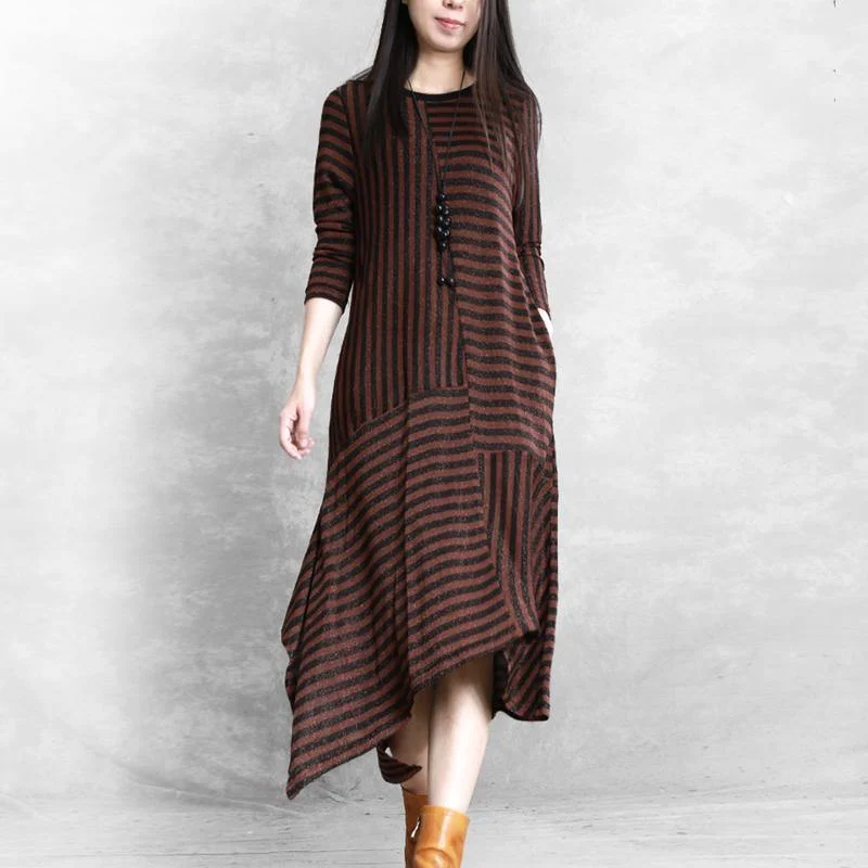 Diy O Neck Patchwork Cotton Clothes For Women Neckline Chocolate Striped Maxi Dresses