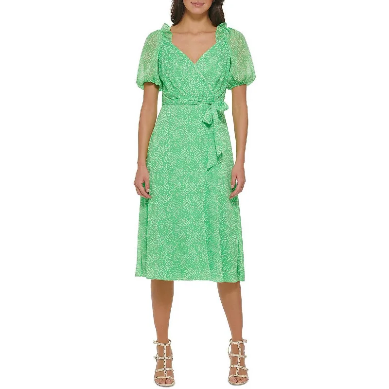 DKNY Womens Chiffon Puff Sleeve Midi Dress Stylish Halter Neck Midi Dress