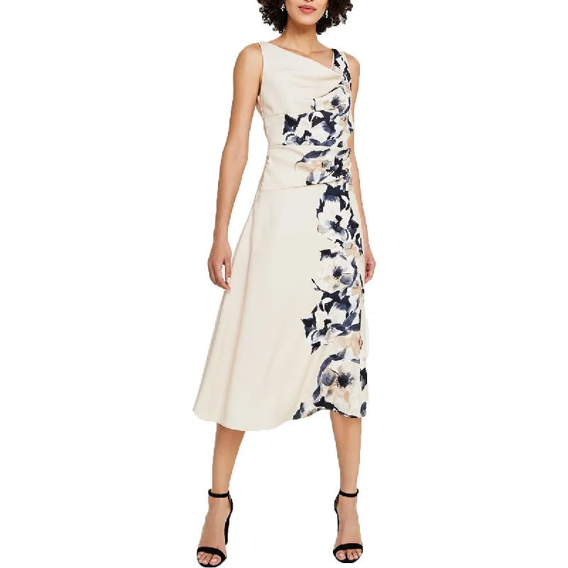 DKNY Womens Cocktail Floral Midi Dress Trendy Off-Shoulder Ruffle Midi Dress