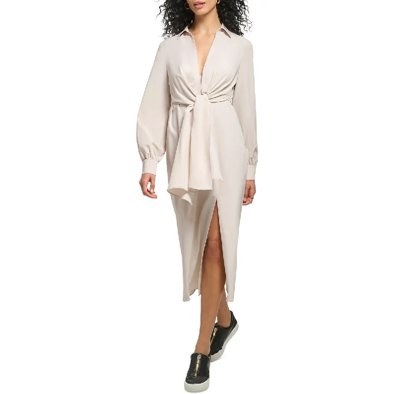 DKNY Womens Collar Tie Front Midi Dress Comfortable Ribbed Midi Dress