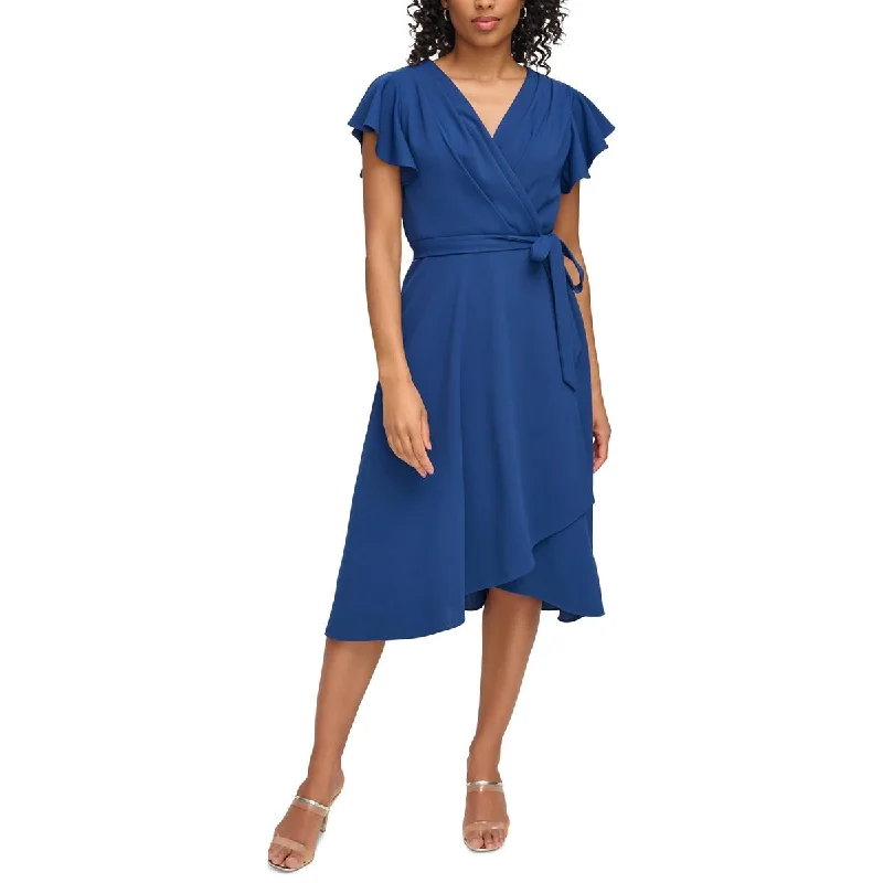 DKNY Womens Faux Wrap Pleated Midi Dress Comfortable Ruched Midi Dress
