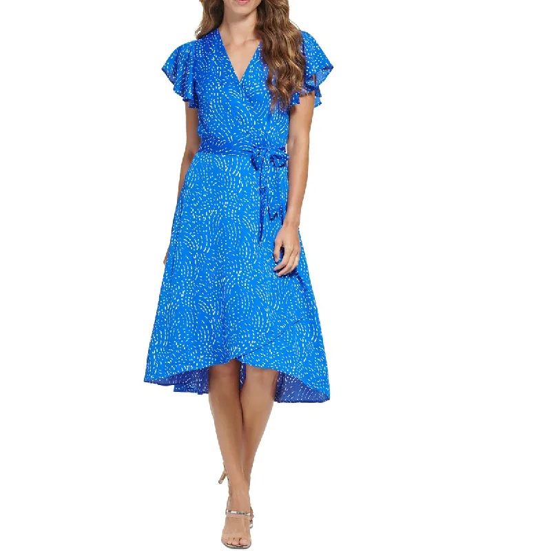DKNY Womens Faux Wrap Printed Midi Dress Fashionable Floral Embroidery Midi Dress