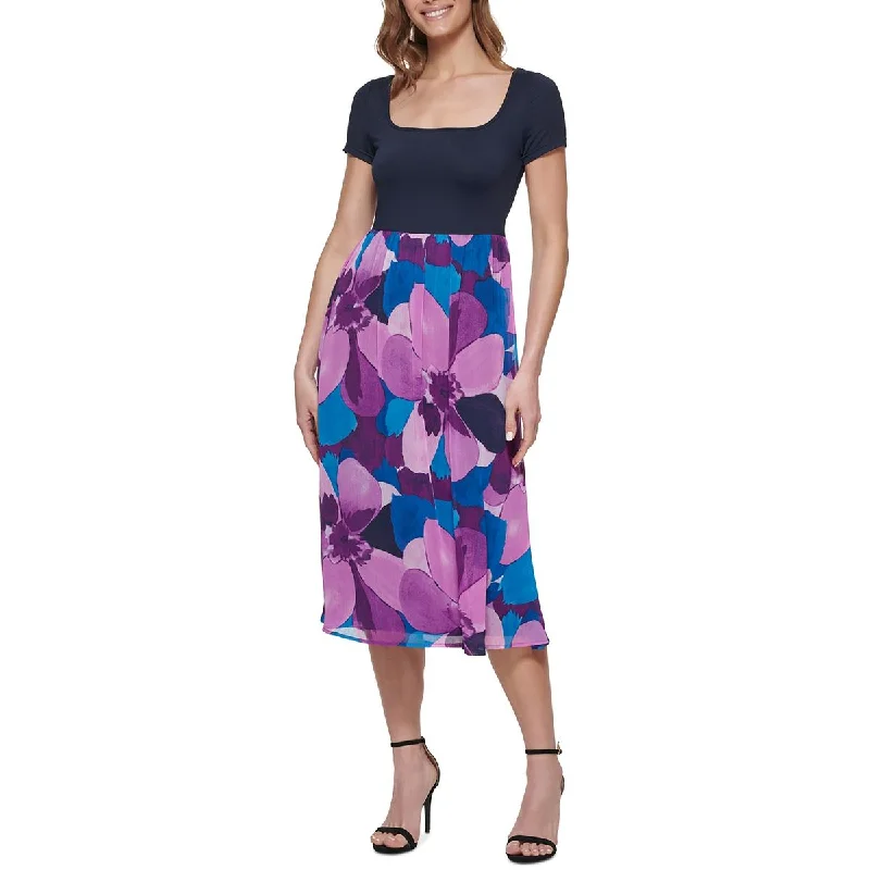 DKNY Womens Floral Print Nylon Midi Dress Trendy Smocked Waist Midi Dress
