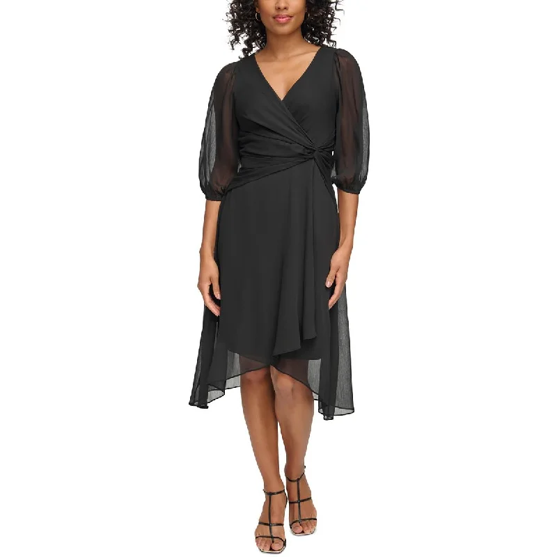 DKNY Womens Gathered Chiffon Midi Dress Trendy Long Sleeve Midi Dress