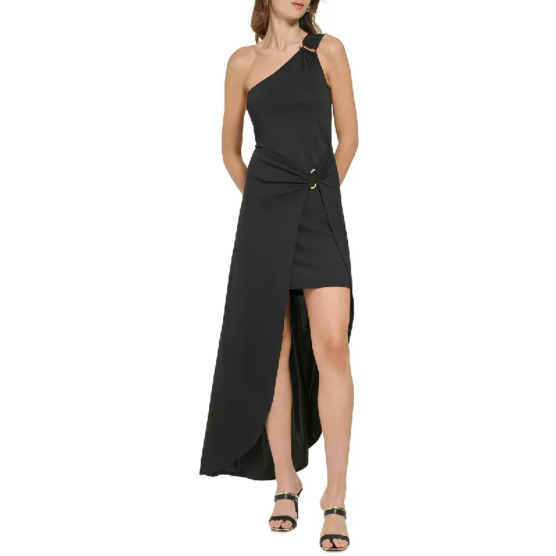 DKNY Womens Gold Ring Asymmetric Midi Dress Trendy Long Sleeve Midi Dress