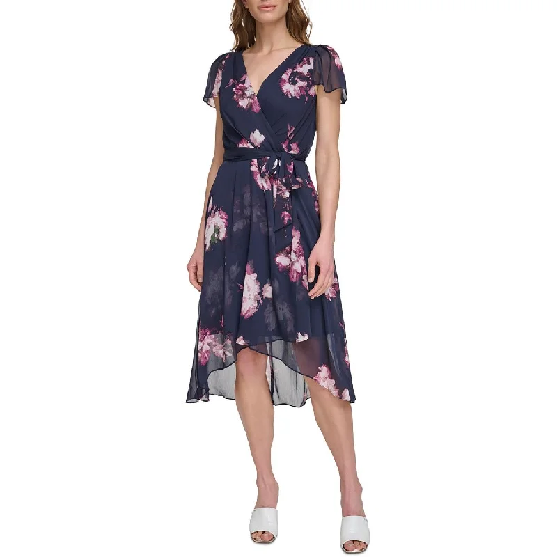 DKNY Womens Petites Floral Print Crepe Midi Dress Cozy T-shirt Midi Dress