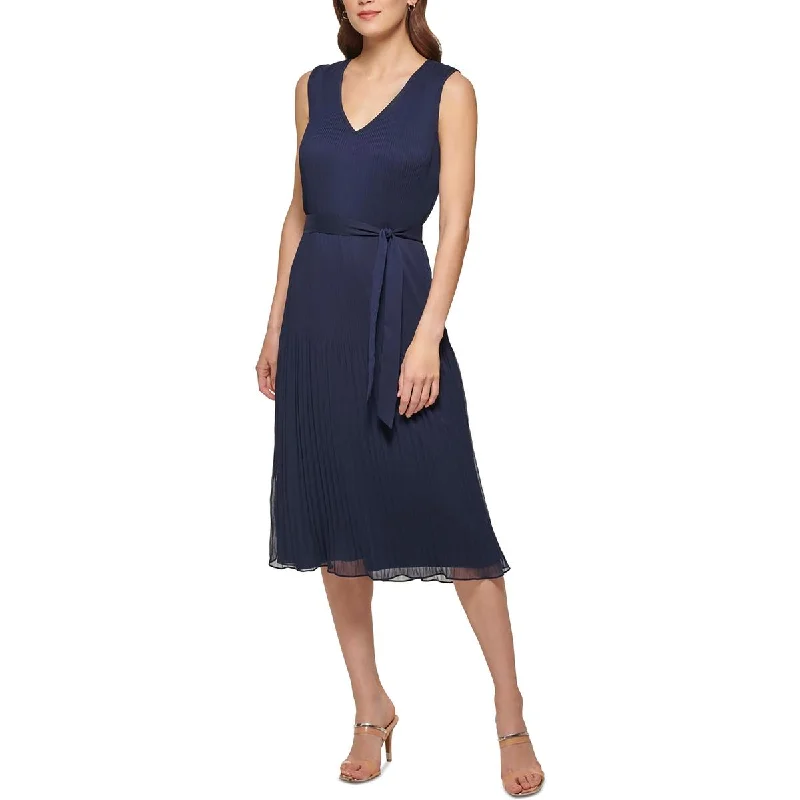 DKNY Womens Pleated Polyester Midi Dress Comfortable Button Front Midi Dress