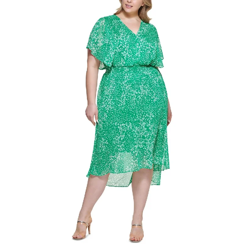 DKNY Womens Plus V-Neck Mid-Calf Midi Dress Chic Bohemian Midi Dress