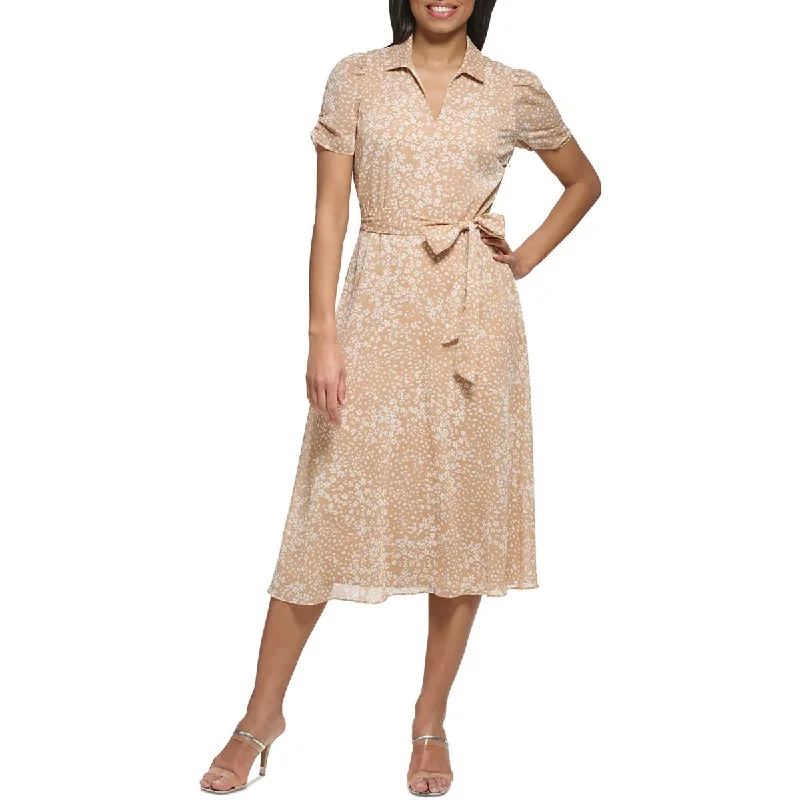 DKNY Womens Chiffon Belted Midi Dress Trendy Shift Midi Dress