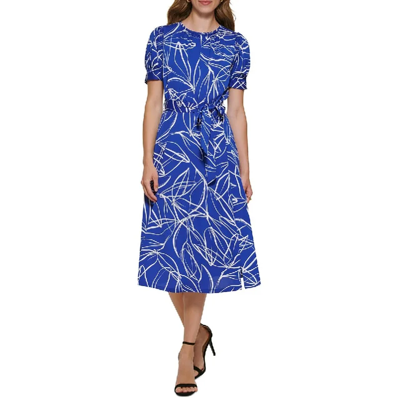 DKNY Womens Puff Sleeve Printed Midi Dress Chic Floral Print Midi Dress